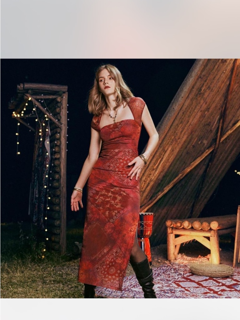 Women’s Red Paisley Maxi Cap Sleeve Square-Neck Bodycon Dress - Picture 3 of 4